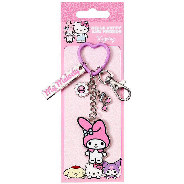 Hello Kitty My Melody keyring charms with mini charms and heart-shaped clip for fans aged 14 and older.