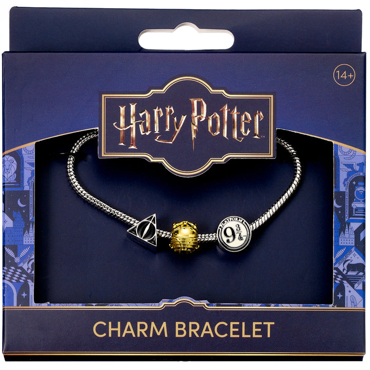 Harry Potter Silver Plated Bracelet with Deathly Hallows, Golden Snitch and Platform 9 3/4 Charm