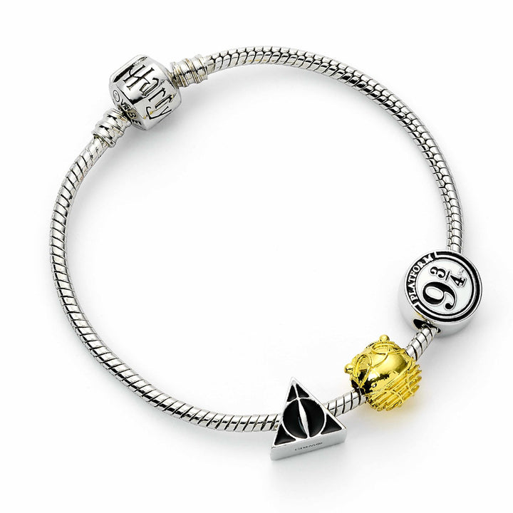 Harry Potter Silver Plated Bracelet with Deathly Hallows, Golden Snitch and Platform 9 3/4 Charm