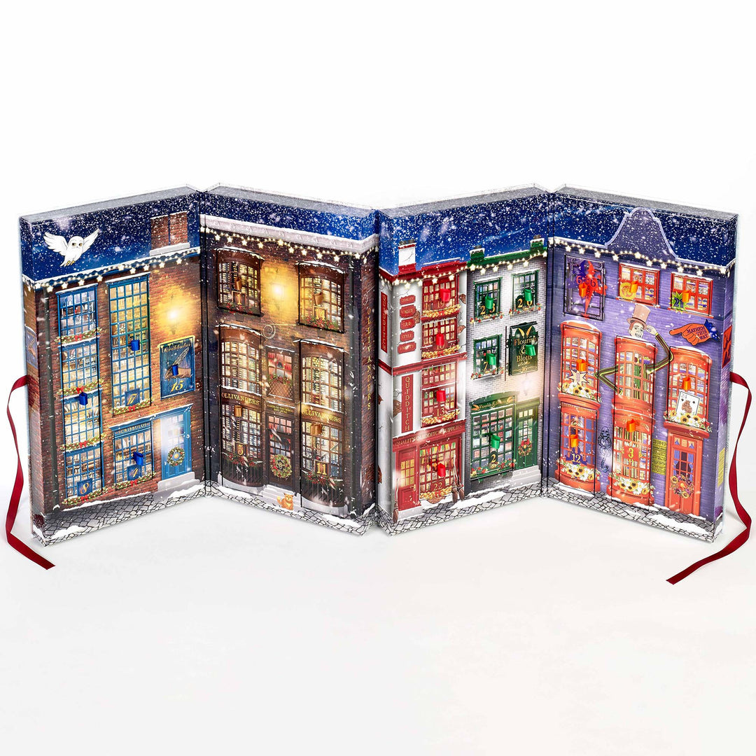 Harry Potter Diagon Alley advent calendar featuring magical shop fronts with intricate details and festive decorations.