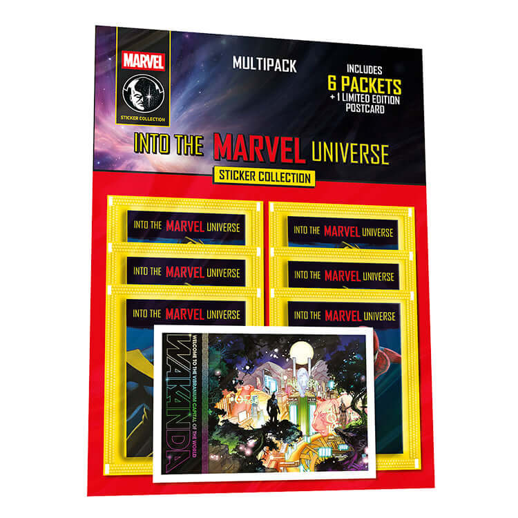 Marvel Universe sticker collection multipack featuring 6 packets and limited edition Wakanda postcard.