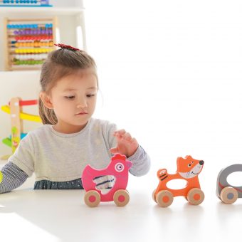 Child playing with Push Along Friends toys, including a hen and fox, in a brightly lit room.