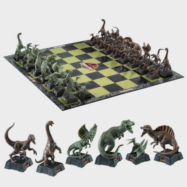 Jurassic Park Chess Set featuring dinosaur pieces on a branded chessboard, perfect for dino fans.