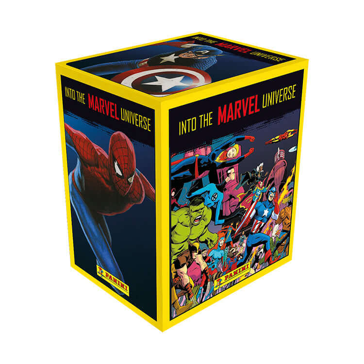 Marvel Universe Comics sticker collection box featuring iconic heroes like Spiderman and Captain America.