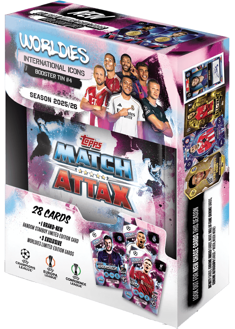 Match Attax 25/26 - Booster Tins featuring international icons with 28 collectible cards including limited editions.