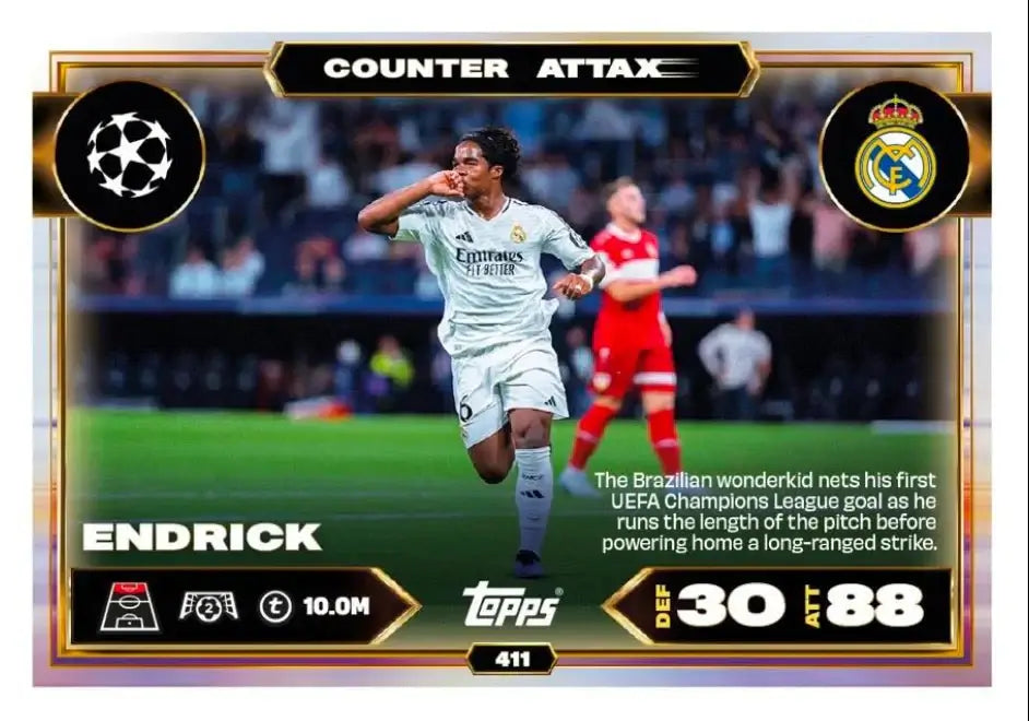 Endrick from Match Attax 25/26 - Starter Pack, showcasing his goal celebration and stats.
