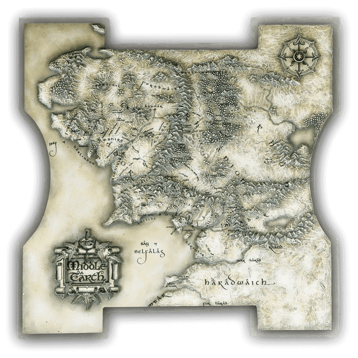 alt_tag: Detailed map of Middle-earth from the Lord of the Rings Chess Set, showcasing key locations and landmarks.