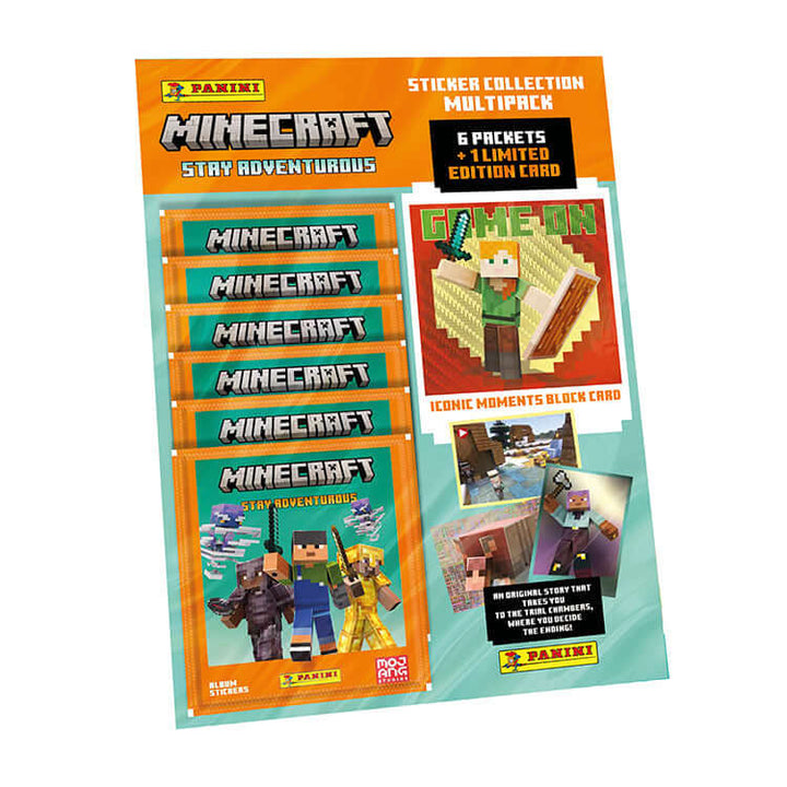 Minecraft Stay Adventurous sticker collection multipack featuring six packets and a limited edition card