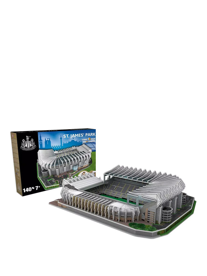Newcastle stadium 3D puzzle display next to its packaging, showcasing St. James' Park model for fans and collectors.