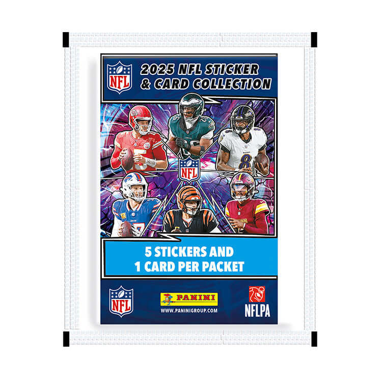 NFL 2025 Sticker & Trading Card Collection featuring 5 stickers and 1 card per packet by Panini.