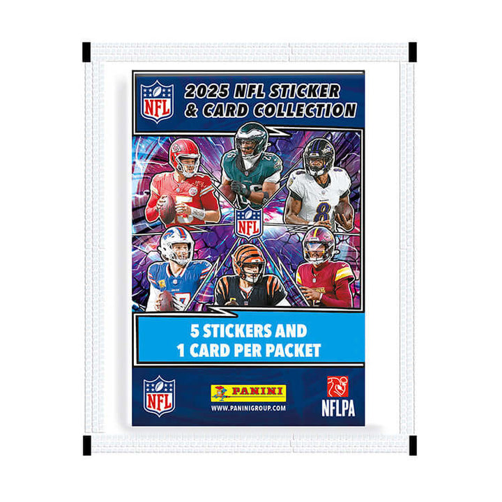 NFL 2025 Sticker & Trading Card Collection featuring 5 stickers and 1 card per packet by Panini.