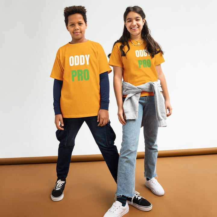 Kids wearing Oddy Pro Youth classic t-shirt, showcasing vibrant colors and comfortable fit suitable for adventures.