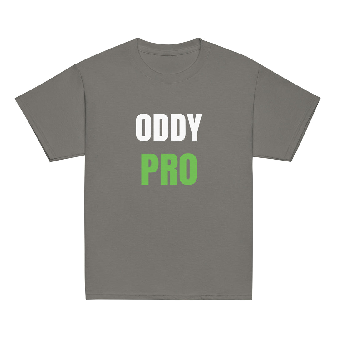 Oddy Pro Youth classic t-shirt in sport grey with white and green lettering, perfect for kids' adventures.