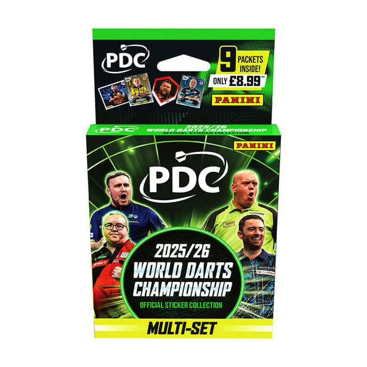 PDC 2026 World Championship Darts Sticker Collection Multi-Set Pack featuring 9 sticker packets from Panini.