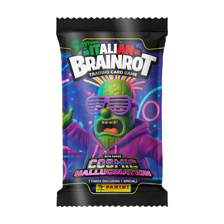 Italian Brainrot Cosmic Hallucination Trading Card Collection pack featuring vibrant alien character and psychedelic design.