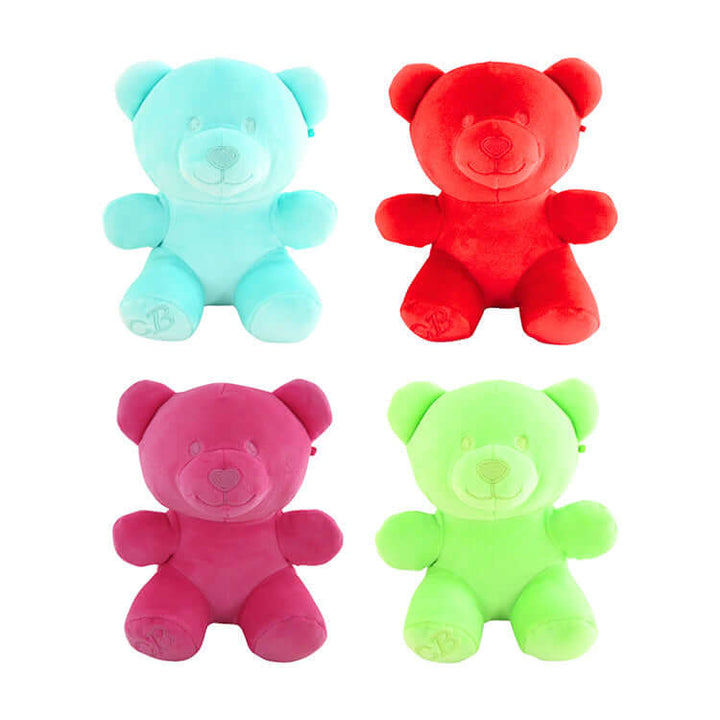Squishy Candy Bears 10" Plush in vibrant colors: blue, red, pink, and green soft plush toys for cuddling and collecting.