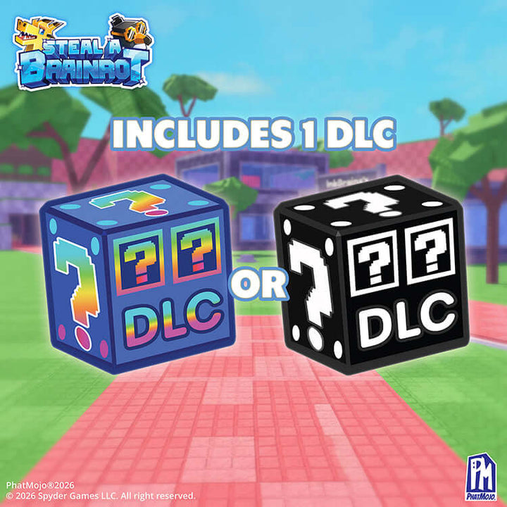 Steal A Brainrot Deluxe Plush image showing two DLC dice, colorful blue and black options, available with the plush.
