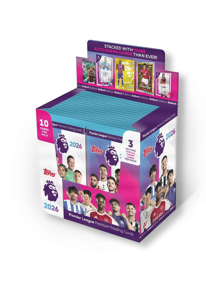 Premier League 2026 trading cards box featuring 28 packs with 10 cards each and special inserts. Topps Debut Edition.
