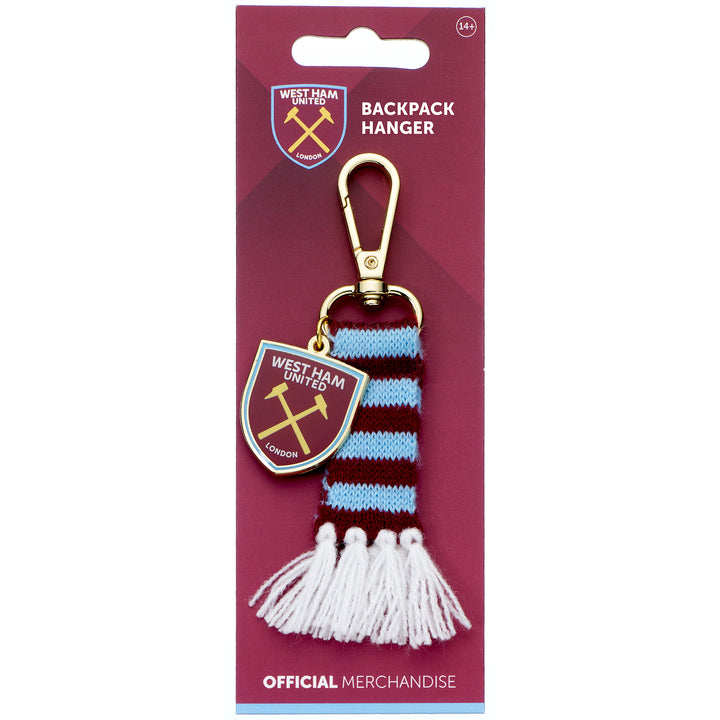 West Ham scarf backpack hanger with logo charm, perfect for fans to show their support.