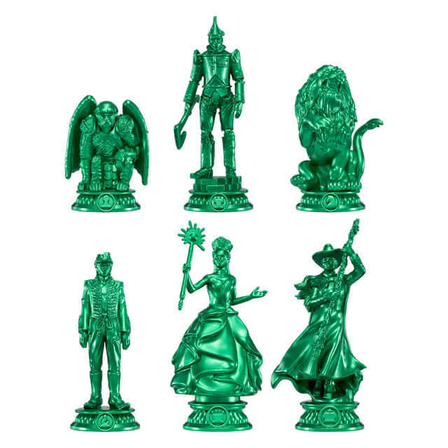 Wicked Chess Set green figurines of characters like Glinda, Elphaba, and the Lion from the Wizard of Oz.