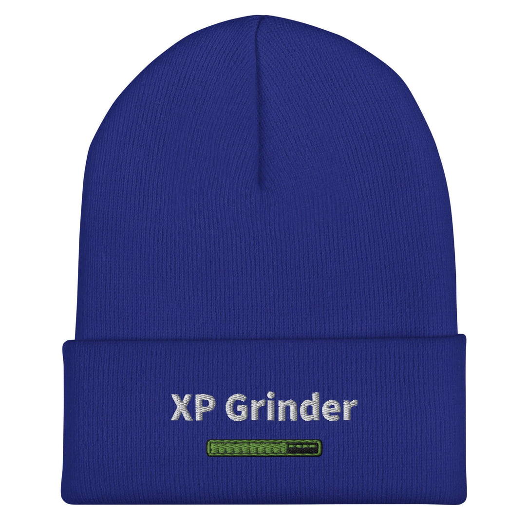 XP Grinder beanie hat in blue color, featuring embroidered text, snug fitting, perfect for warmth and style.