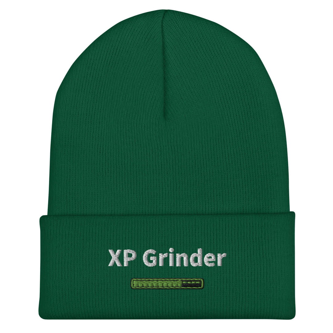 XP Grinder beanie hat in green, featuring embroidered logo, snug fit, unisex style, perfect for warmth and fashion.
