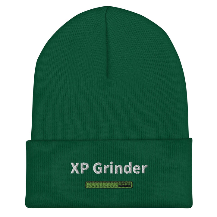 XP Grinder beanie hat in green, featuring embroidered logo, snug fit, unisex style, perfect for warmth and fashion.