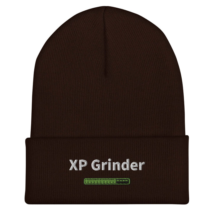 XP Grinder beanie hat in dark brown with embroidered logo, stylish and warm accessory for any wardrobe.