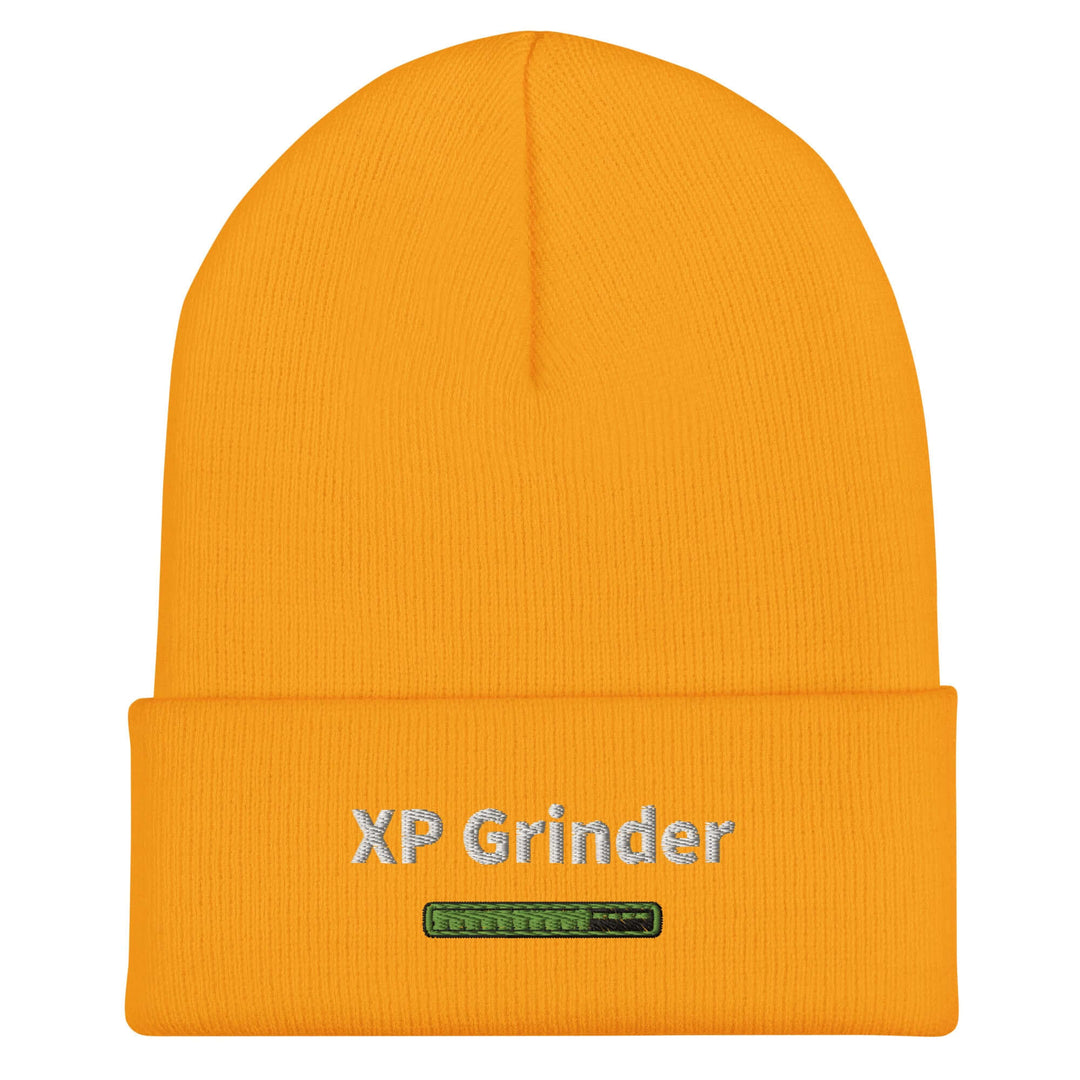 XP Grinder Cuffed Beanie in vibrant orange color featuring XP Grinder logo for stylish warmth.