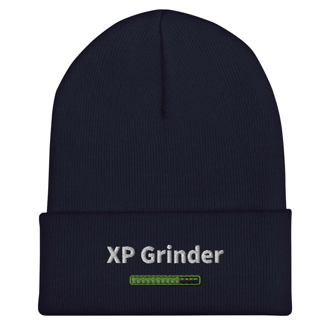 XP Grinder beanie hat in navy color with embroidered logo, perfect for warmth and style in any wardrobe.