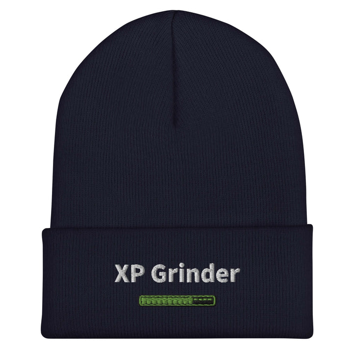 XP Grinder beanie hat in navy color with embroidered logo, perfect for warmth and style in any wardrobe.