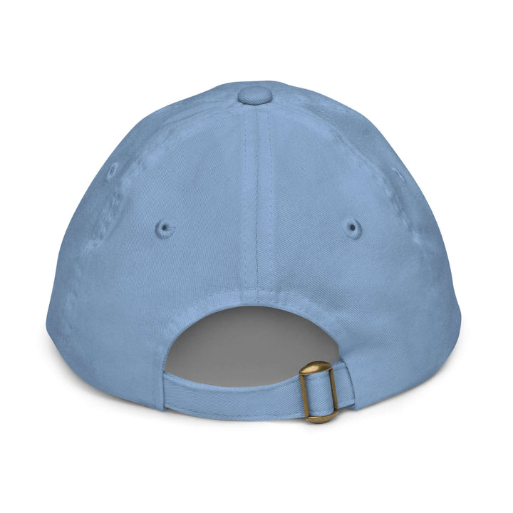 Back view of XP Grinder Youth baseball cap in blue with adjustable strap and eyelets for breathability.