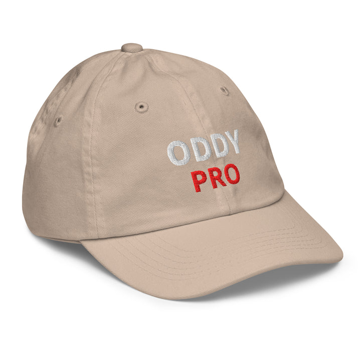Oddy Pro Youth baseball cap in beige with embroidered logo, ideal for baseball training and outdoor activities.