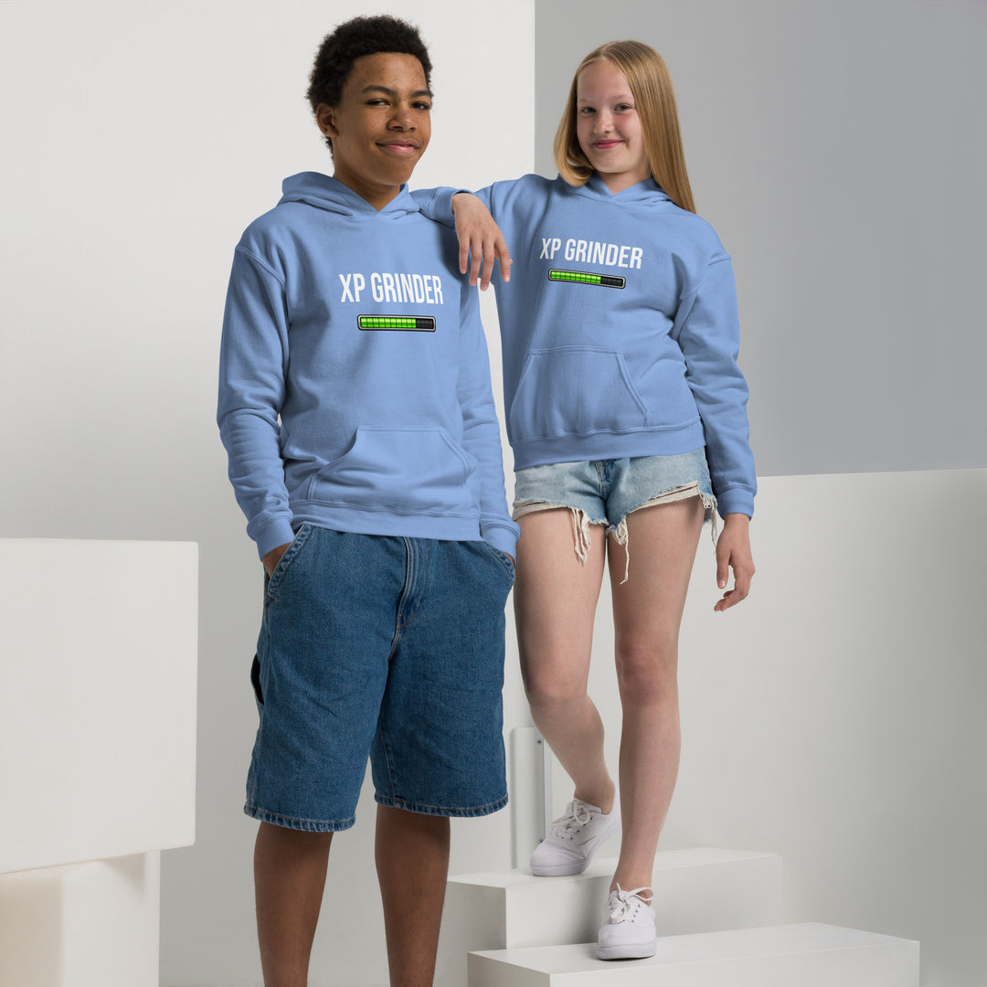 Two children wearing the XP Grinder Youth heavy blend hoodie in light blue color, showcasing comfort and style.