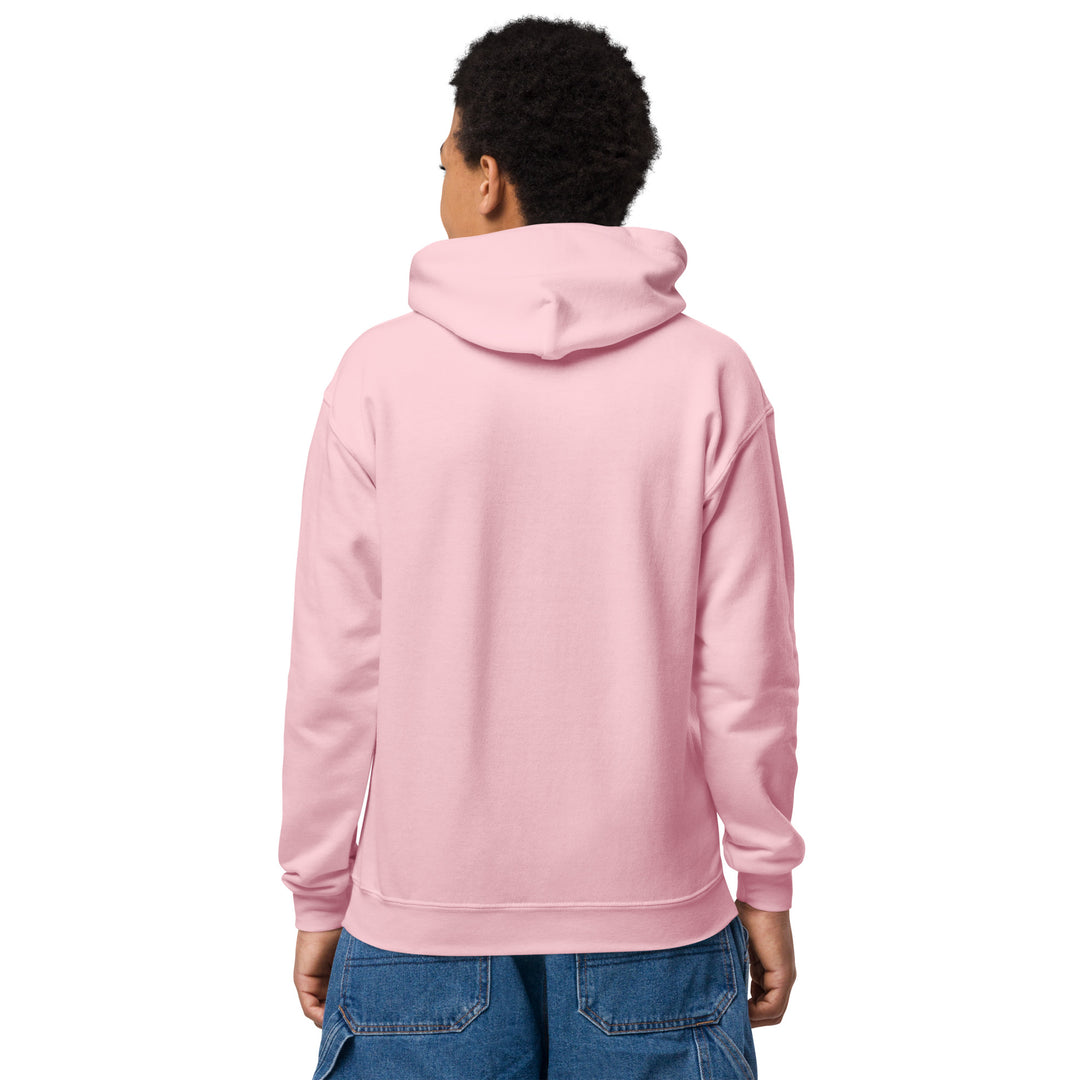 Back view of a child wearing the Oddy Pro Youth heavy blend hoodie in pink.