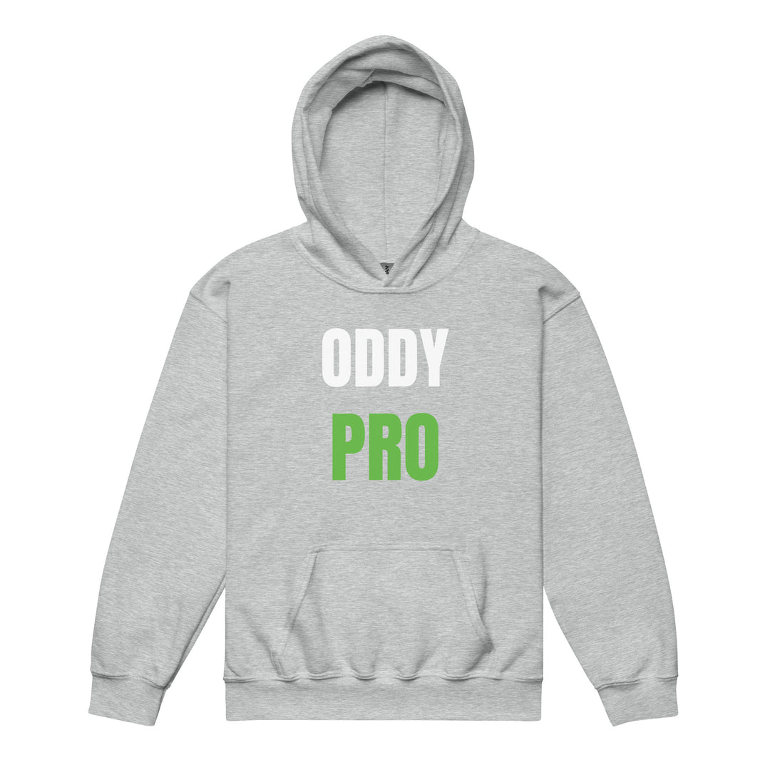 Oddy Pro Youth heavy blend hoodie in grey with white and green lettering, featuring a front pouch pocket.